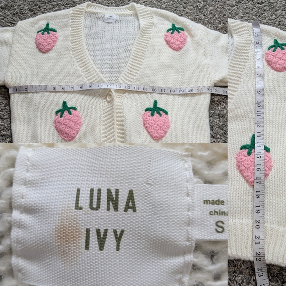Luna Ivy Cream Pink Knit Strawberry V Neck Button Up Cardigan Sweater S - Picture 10 of 10